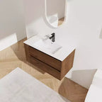 Meuble-lavabo flottant avec évier en céramique blanche, meuble-lavabo mural avec 2 tiroirs à fermeture douce et étagère de rangement ouverte