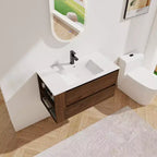 Meuble-lavabo flottant avec évier en céramique blanche, meuble-lavabo mural avec 2 tiroirs à fermeture douce et étagère de rangement ouverte