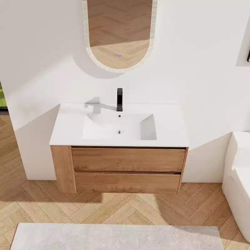 Meuble-lavabo flottant avec évier en céramique blanche, meuble-lavabo mural avec 2 tiroirs à fermeture douce et étagère de rangement ouverte