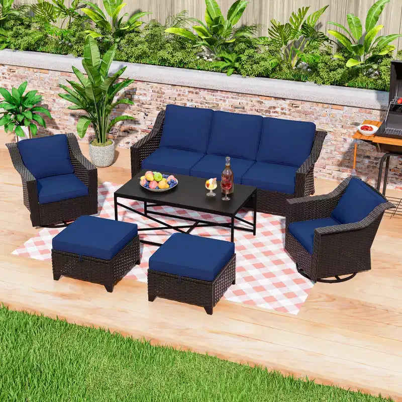 Ensemble de patio extérieur 6 pièces UPTIOT : 2 fauteuils pivotants, un canapé 3 places, une table basse et 2 poufs