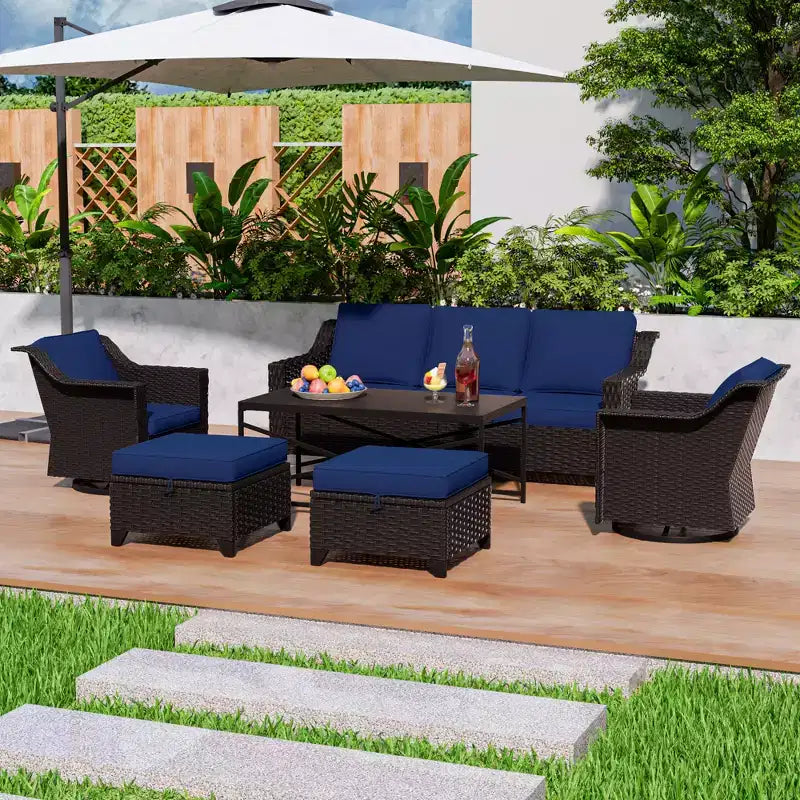 Ensemble de patio extérieur 6 pièces UPTIOT : 2 fauteuils pivotants, un canapé 3 places, une table basse et 2 poufs