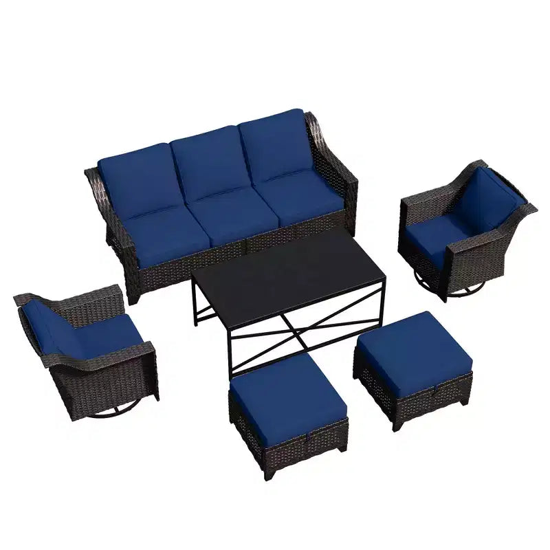 Ensemble de patio extérieur 6 pièces UPTIOT : 2 fauteuils pivotants, un canapé 3 places, une table basse et 2 poufs
