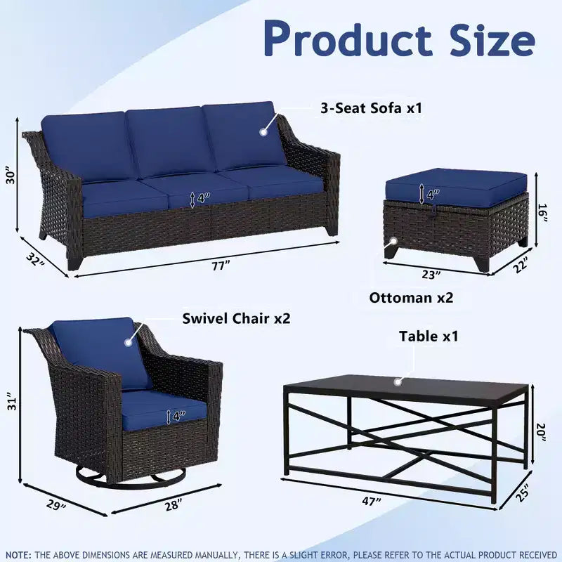 Ensemble de patio extérieur 6 pièces UPTIOT : 2 fauteuils pivotants, un canapé 3 places, une table basse et 2 poufs