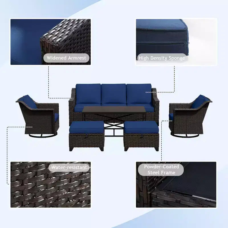 Ensemble de patio extérieur 6 pièces UPTIOT : 2 fauteuils pivotants, un canapé 3 places, une table basse et 2 poufs