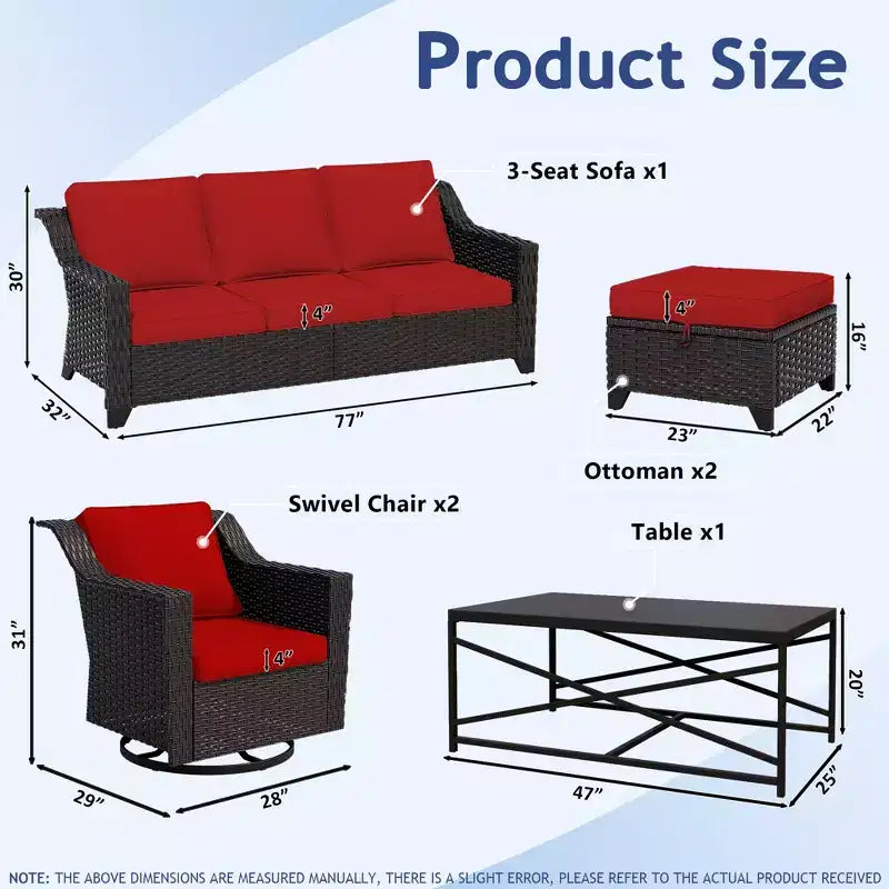 Ensemble de patio extérieur 6 pièces UPTIOT : 2 fauteuils pivotants, un canapé 3 places, une table basse et 2 poufs