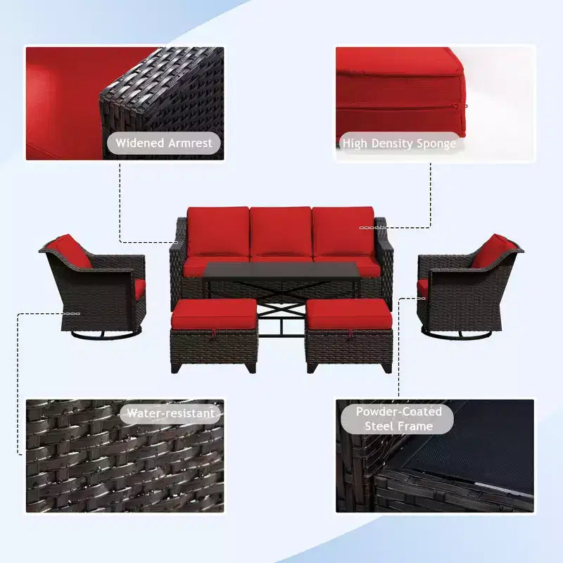 Ensemble de patio extérieur 6 pièces UPTIOT : 2 fauteuils pivotants, un canapé 3 places, une table basse et 2 poufs