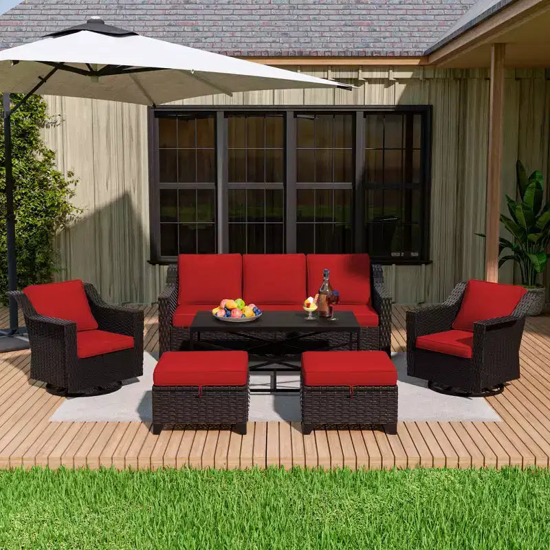 Ensemble de patio extérieur 6 pièces UPTIOT : 2 fauteuils pivotants, un canapé 3 places, une table basse et 2 poufs