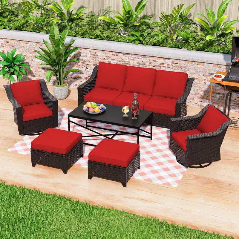 Ensemble de patio extérieur 6 pièces UPTIOT : 2 fauteuils pivotants, un canapé 3 places, une table basse et 2 poufs