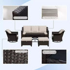 Ensemble de patio extérieur 6 pièces UPTIOT : 2 fauteuils pivotants, un canapé 3 places, une table basse et 2 poufs