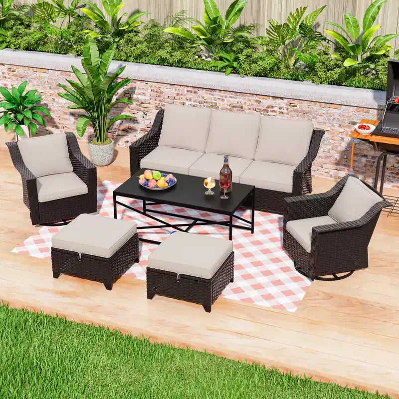 Ensemble de patio extérieur 6 pièces UPTIOT : 2 fauteuils pivotants, un canapé 3 places, une table basse et 2 poufs