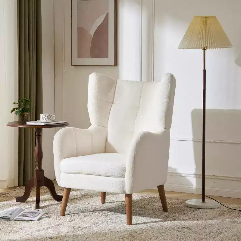 Modern Accent Chair with Birch Wood Legs, Teddy Fabric Upholstered Living Room Chair, Comfy Wingback Chair for Bedroom or Office-Panipeachy