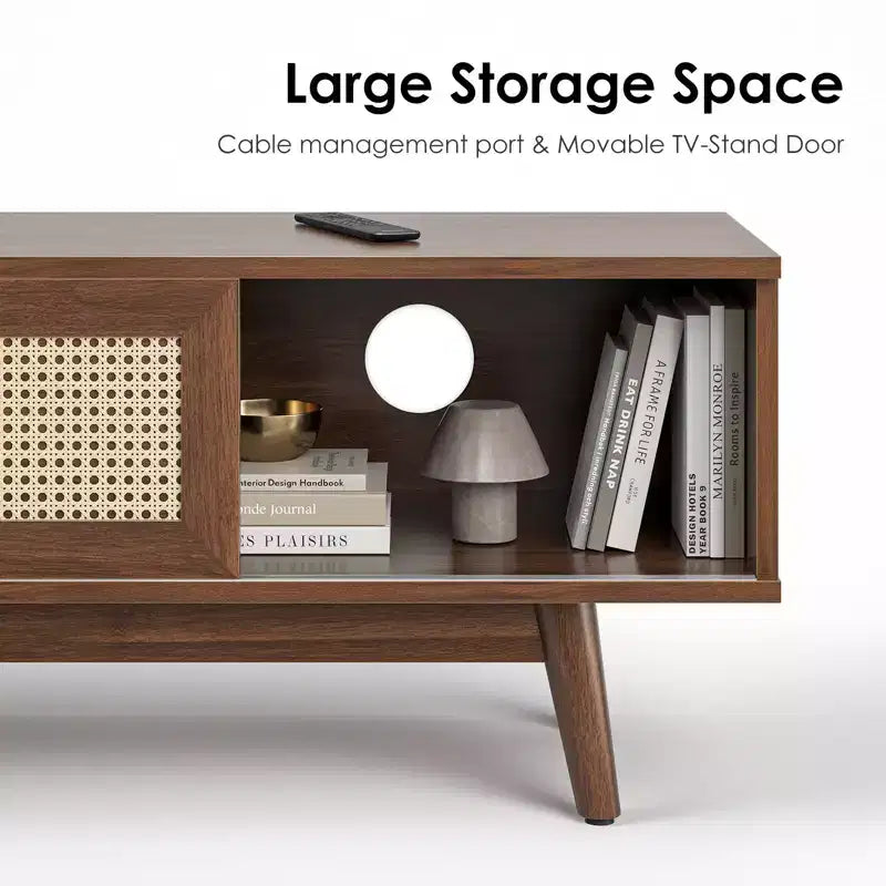 Meuble TV GDFStudio Chihiro 65 de style Ferme en Bois et Rotin avec Gestion de Câbles et Rangement