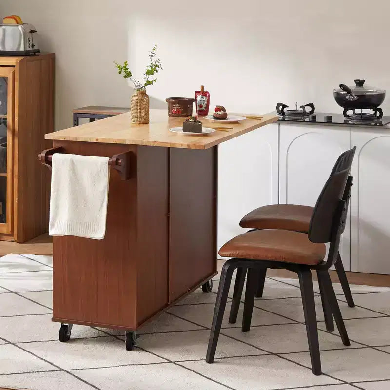 FAMYYT Îlot de Cuisine Marron à Dessus en Bois Rabattable de 54 po avec 3 Tiroirs, Roulettes Verrouillables et Étagères de Rangement