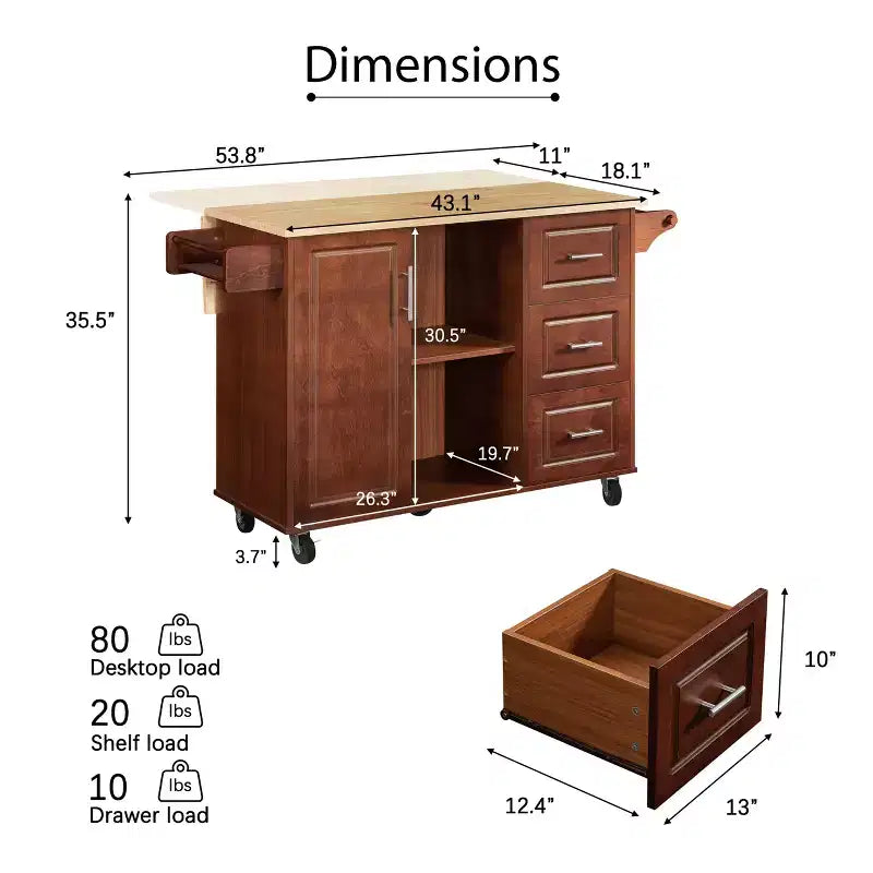 FAMYYT Îlot de Cuisine Marron à Dessus en Bois Rabattable de 54 po avec 3 Tiroirs, Roulettes Verrouillables et Étagères de Rangement