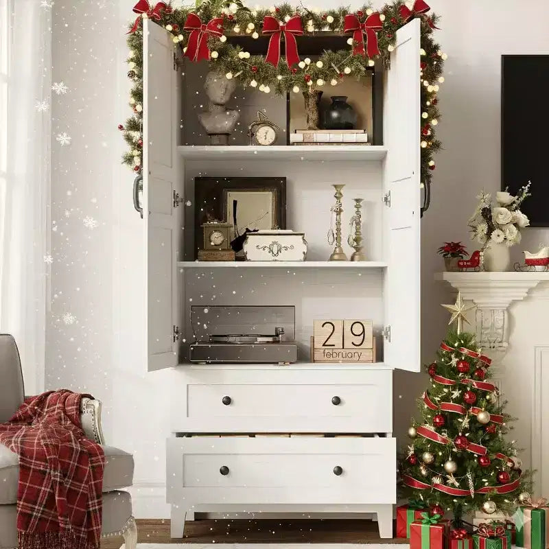 Floor Storage Cabinet with 2 Doors & 2 Drawers, Farmhouse Tall Pantry with Adjustable Shelves for Kitchen, Living Room, Office