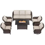 UPTIOT 6-Piece Outdoor Set with 3-Seat Sofa, 2 Swivel Chairs, 2 Single Chairs & 50,000 BTU Grey Fire Table
