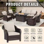 UPTIOT 6-Piece Outdoor Set with 3-Seat Sofa, 2 Swivel Chairs, 2 Single Chairs & 50,000 BTU Grey Fire Table