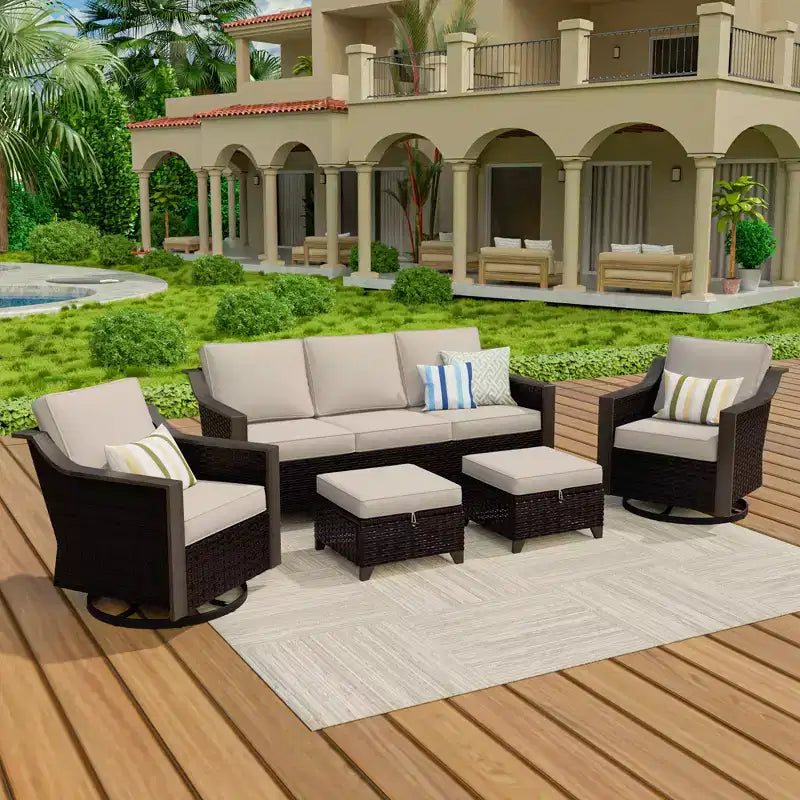 Ensemble de patio extérieur UPTIOT avec canapé 3 places, 2 chaises pivotantes et 2 poufs