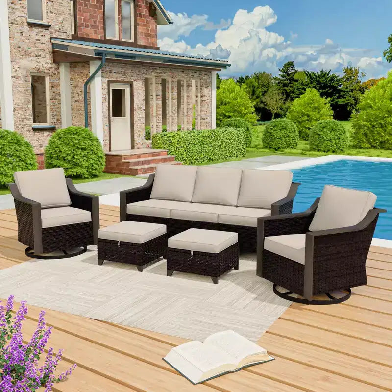 Ensemble de patio extérieur UPTIOT avec canapé 3 places, 2 chaises pivotantes et 2 poufs