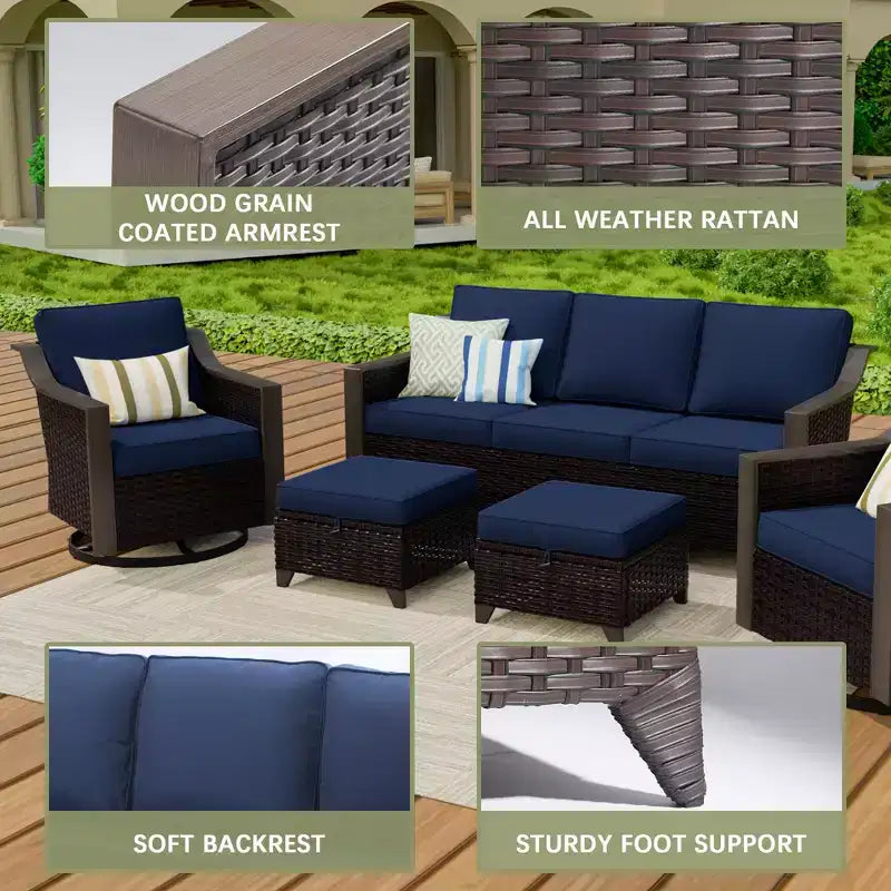 Ensemble de patio extérieur UPTIOT avec canapé 3 places, 2 chaises pivotantes et 2 poufs