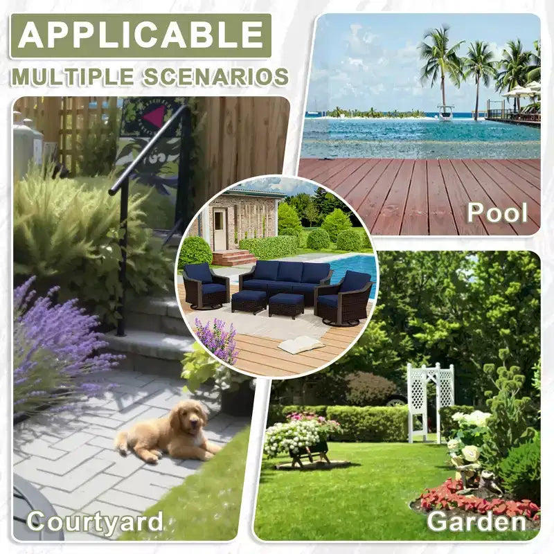 Ensemble de patio extérieur UPTIOT avec canapé 3 places, 2 chaises pivotantes et 2 poufs