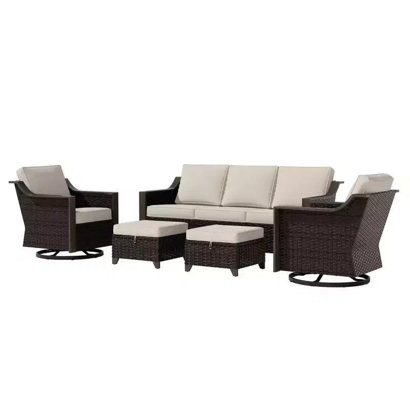 Ensemble de patio extérieur UPTIOT avec canapé 3 places, 2 chaises pivotantes et 2 poufs