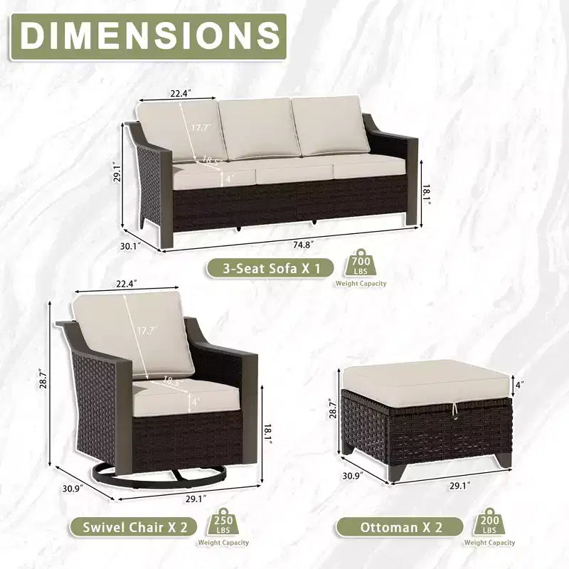 Ensemble de patio extérieur UPTIOT avec canapé 3 places, 2 chaises pivotantes et 2 poufs
