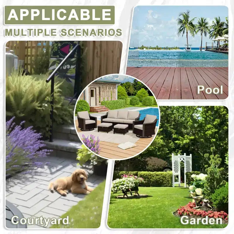 Ensemble de patio extérieur UPTIOT avec canapé 3 places, 2 chaises pivotantes et 2 poufs