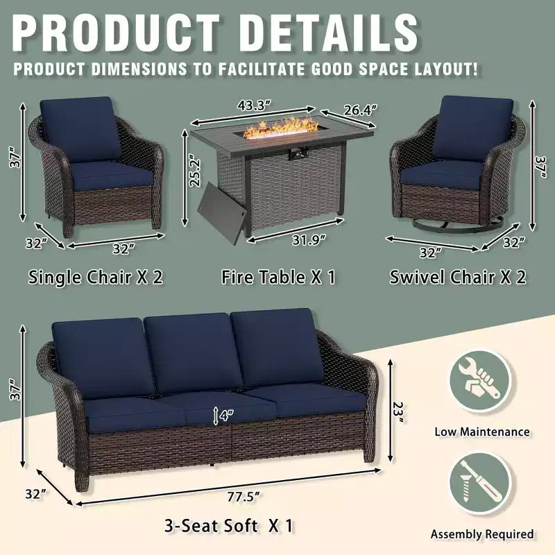 Ensemble d'extérieur 6 pièces UPTIOT avec canapé 3 places, 2 fauteuils pivotants, 2 fauteuils individuels et table brasero marron de 50 000 BTU