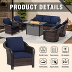 Ensemble d'extérieur 6 pièces UPTIOT avec canapé 3 places, 2 fauteuils pivotants, 2 fauteuils individuels et table brasero marron de 50 000 BTU