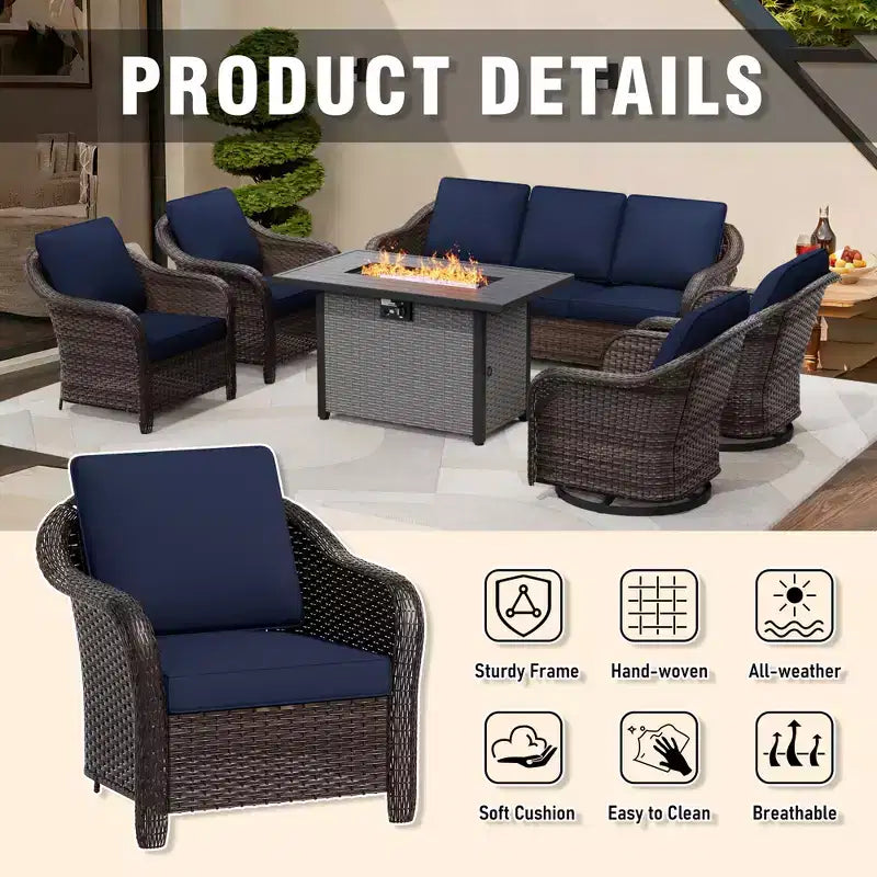 Ensemble d'extérieur 6 pièces UPTIOT avec canapé 3 places, 2 fauteuils pivotants, 2 fauteuils individuels et table brasero marron de 50 000 BTU
