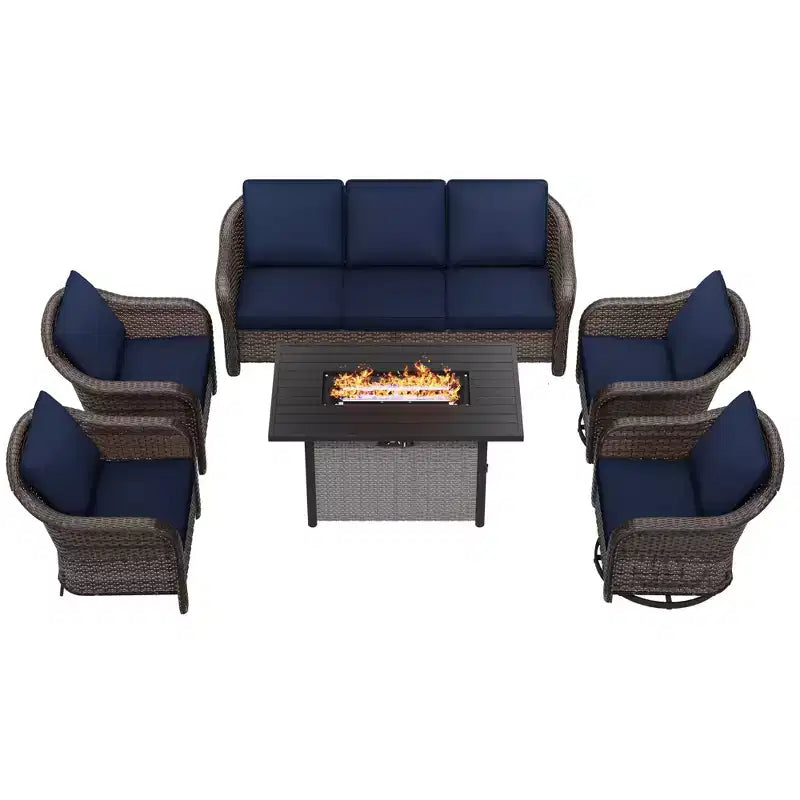 Ensemble d'extérieur 6 pièces UPTIOT avec canapé 3 places, 2 fauteuils pivotants, 2 fauteuils individuels et table brasero marron de 50 000 BTU