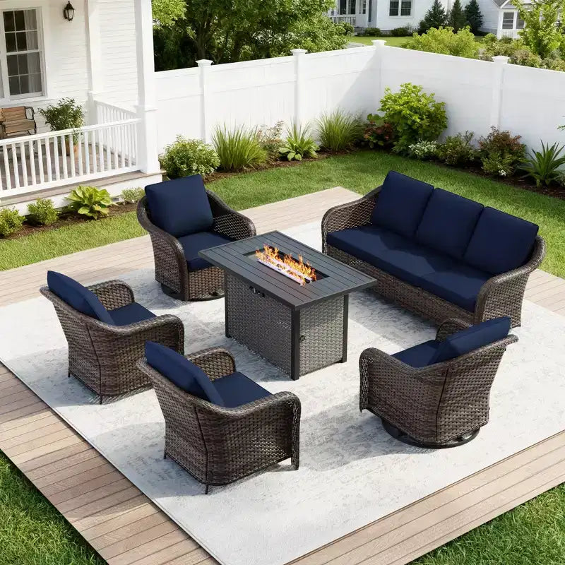 Ensemble d'extérieur 6 pièces UPTIOT avec canapé 3 places, 2 fauteuils pivotants, 2 fauteuils individuels et table brasero marron de 50 000 BTU