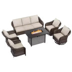 Ensemble d'extérieur 6 pièces UPTIOT avec canapé 3 places, 2 fauteuils pivotants, 2 fauteuils individuels et table brasero marron de 50 000 BTU