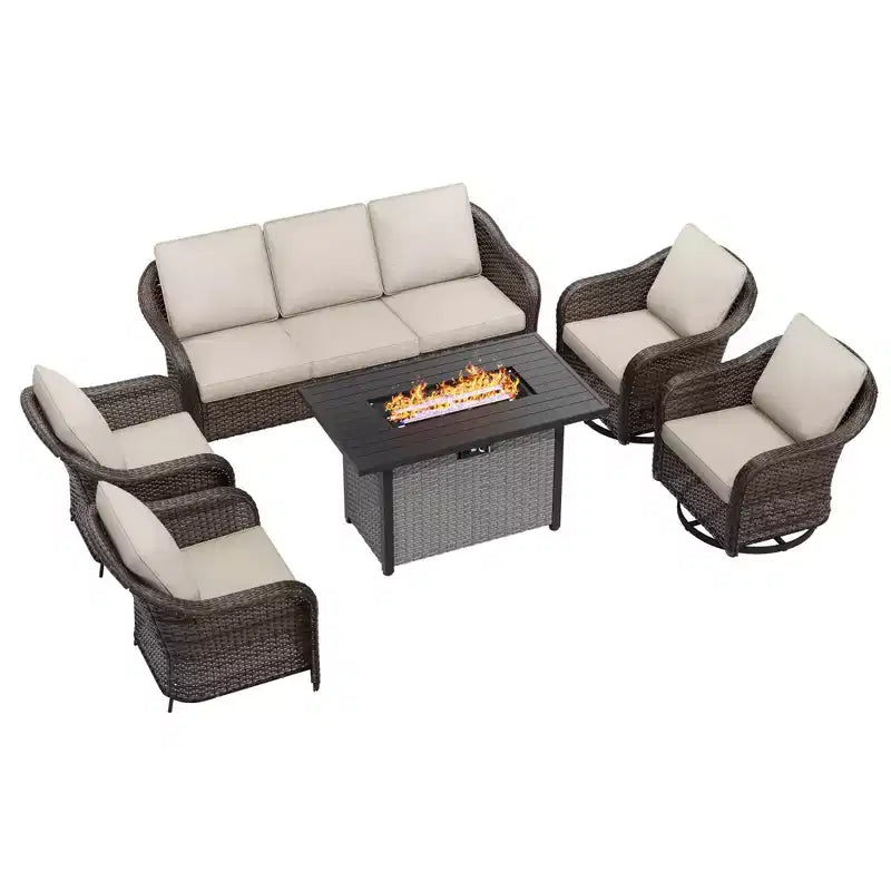 Ensemble d'extérieur 6 pièces UPTIOT avec canapé 3 places, 2 fauteuils pivotants, 2 fauteuils individuels et table brasero marron de 50 000 BTU