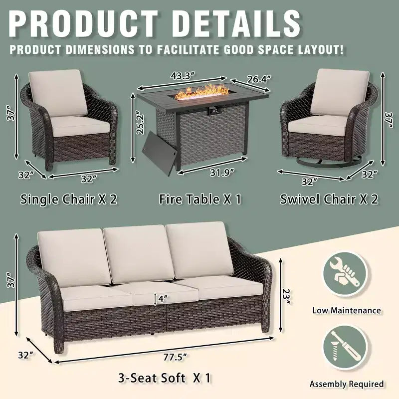 Ensemble d'extérieur 6 pièces UPTIOT avec canapé 3 places, 2 fauteuils pivotants, 2 fauteuils individuels et table brasero marron de 50 000 BTU