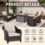 Ensemble d'extérieur 6 pièces UPTIOT avec canapé 3 places, 2 fauteuils pivotants, 2 fauteuils individuels et table brasero marron de 50 000 BTU