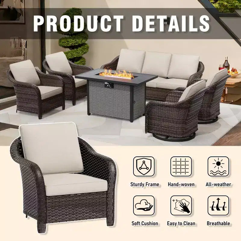 Ensemble d'extérieur 6 pièces UPTIOT avec canapé 3 places, 2 fauteuils pivotants, 2 fauteuils individuels et table brasero marron de 50 000 BTU