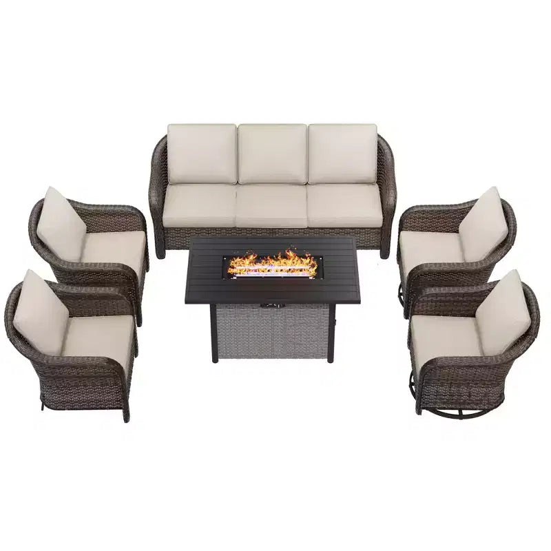 Ensemble d'extérieur 6 pièces UPTIOT avec canapé 3 places, 2 fauteuils pivotants, 2 fauteuils individuels et table brasero marron de 50 000 BTU