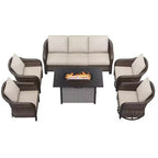 Ensemble d'extérieur 6 pièces UPTIOT avec canapé 3 places, 2 fauteuils pivotants, 2 fauteuils individuels et table brasero marron de 50 000 BTU