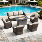 Ensemble d'extérieur 6 pièces UPTIOT avec canapé 3 places, 2 fauteuils pivotants, 2 fauteuils individuels et table brasero marron de 50 000 BTU