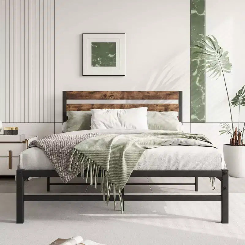 MAYEERTY Full Size Metal Platform Bed Frame with Wooden Headboard, Under Bed Storage & Noise-Free for Bedroom