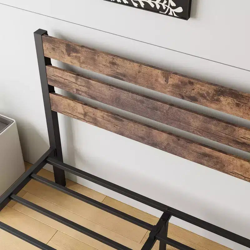 MAYEERTY Full Size Metal Platform Bed Frame with Wooden Headboard, Under Bed Storage & Noise-Free for Bedroom