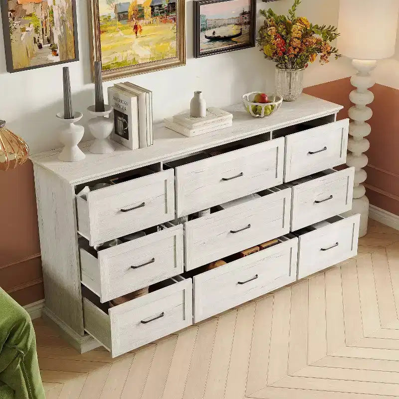 Hitow Rustic Wide Storage Dresser 9-Drawer Chest 70.9 Width Living Room Media Dresser Bedroom Organizer