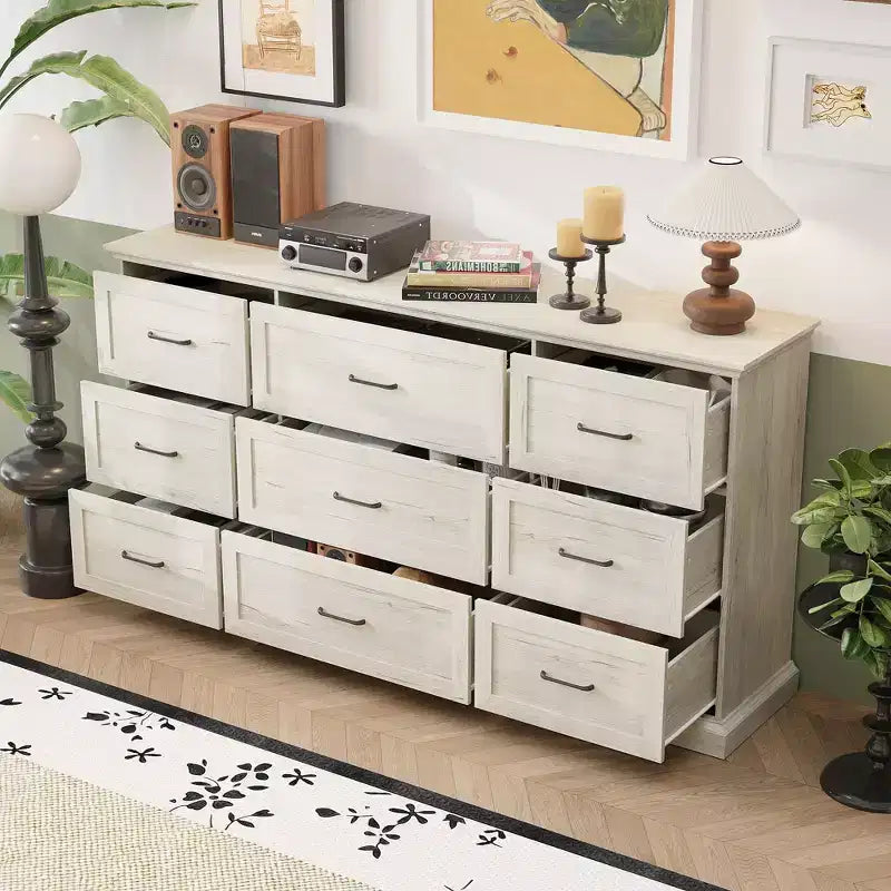 Hitow Rustic Wide Storage Dresser 9-Drawer Chest 70.9 Width Living Room Media Dresser Bedroom Organizer