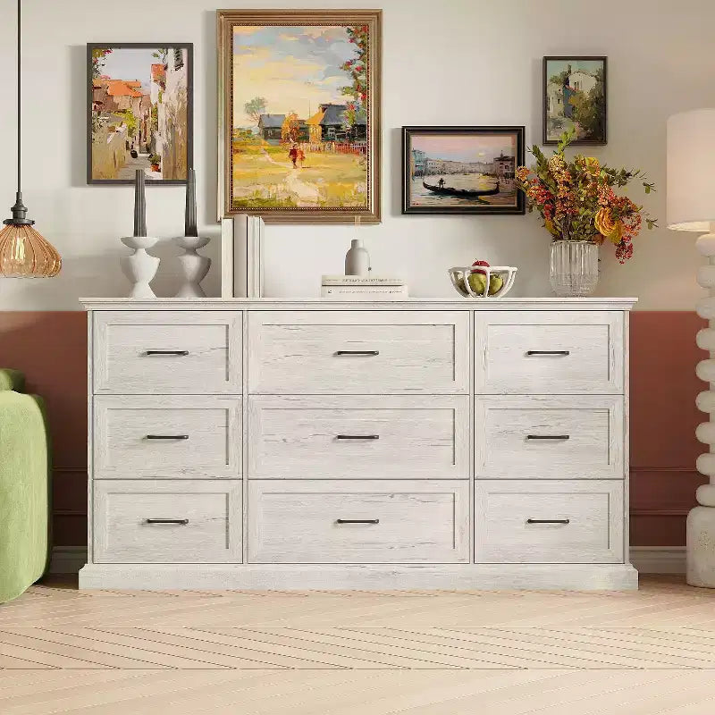 Hitow Rustic Wide Storage Dresser 9-Drawer Chest 70.9 Width Living Room Media Dresser Bedroom Organizer