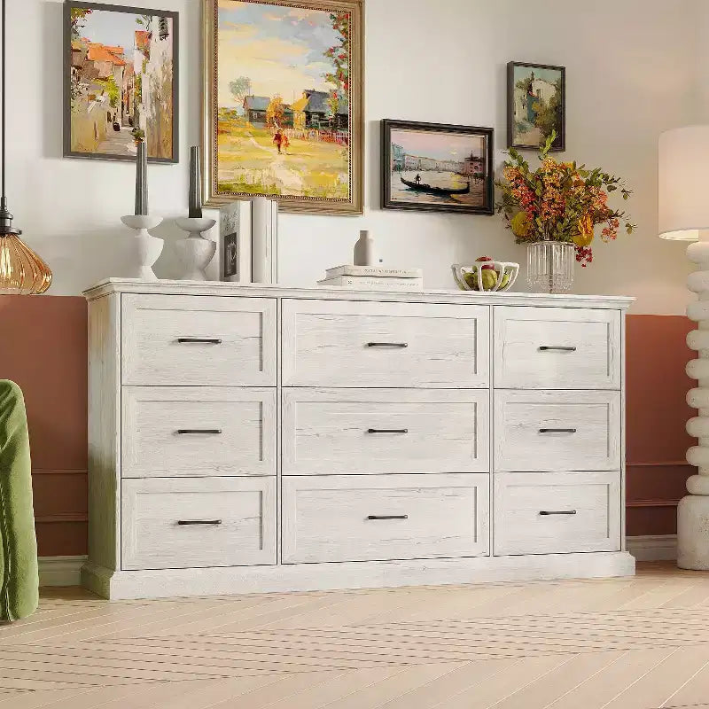 Hitow Rustic Wide Storage Dresser 9-Drawer Chest 70.9 Width Living Room Media Dresser Bedroom Organizer