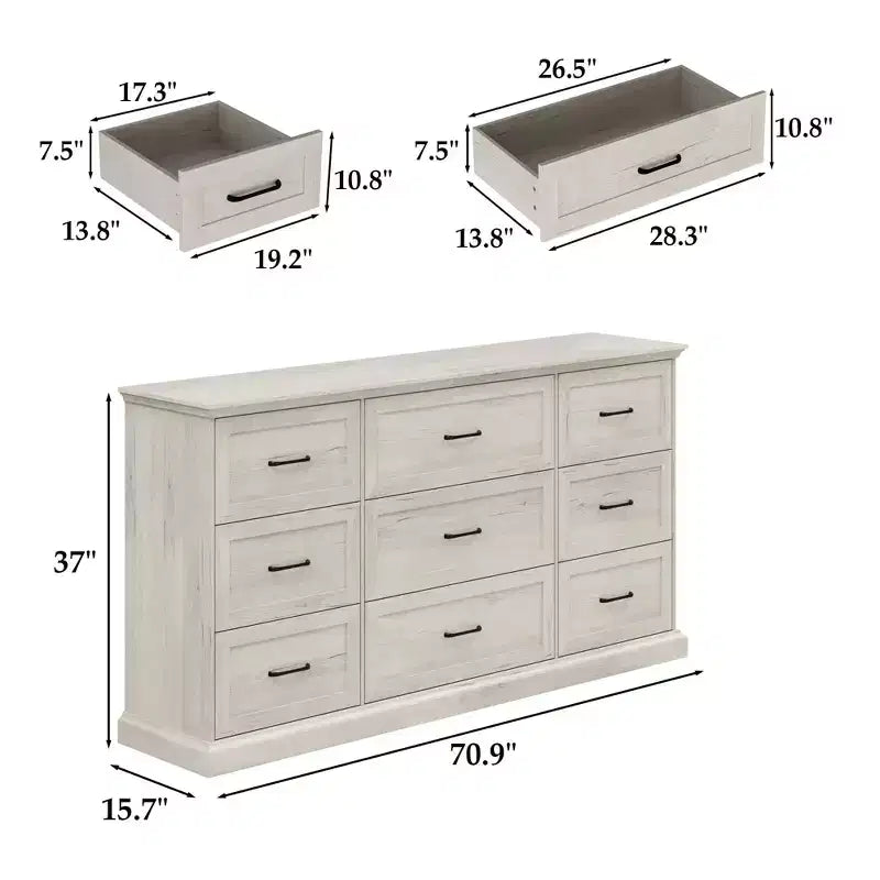 Hitow Rustic Wide Storage Dresser 9-Drawer Chest 70.9 Width Living Room Media Dresser Bedroom Organizer
