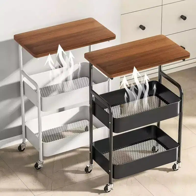 Chariot roulant à 3 niveaux avec plateau, desserte roulante en métal sur roulettes, chariot de rangement robuste avec crochets pour bureau, salle de classe, cuisine