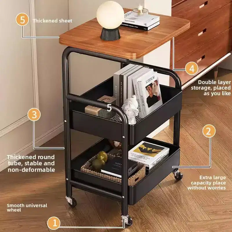 Chariot roulant à 3 niveaux avec plateau, desserte roulante en métal sur roulettes, chariot de rangement robuste avec crochets pour bureau, salle de classe, cuisine